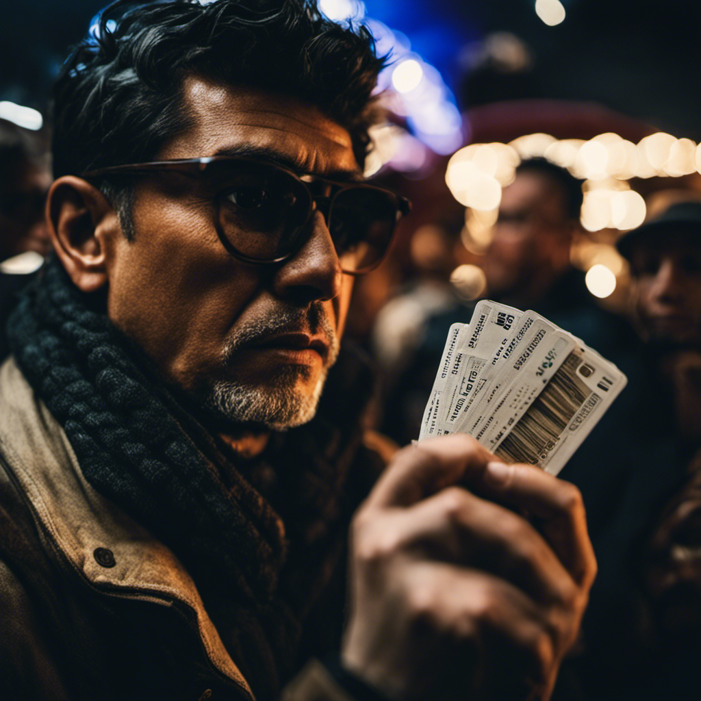An image that features a distressed traveler surrounded by a swarm of shadowy figures, holding fake Carnival Cruise tickets