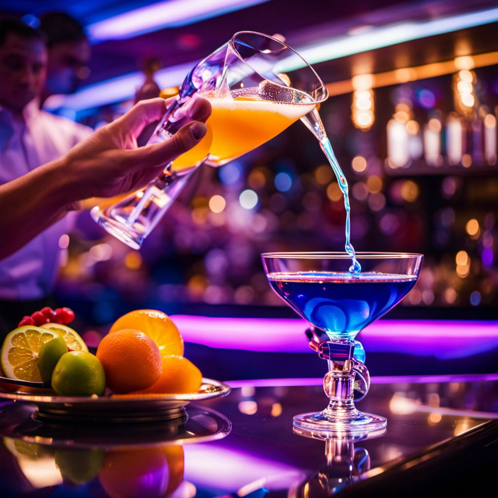 An image showcasing a sleek, futuristic robotic arm gracefully pouring a vibrant cocktail into an exquisite glass on a Royal Caribbean cruise ship, surrounded by a backdrop of elegant barware and mesmerized onlookers