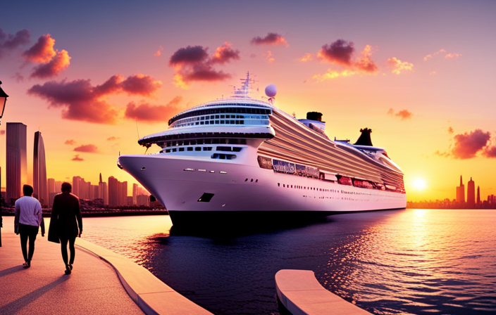 An image showcasing a luxurious cruise ship sailing through a vibrant sunset, with a backdrop of excited shoppers carrying shopping bags filled with discounted items on a bustling street