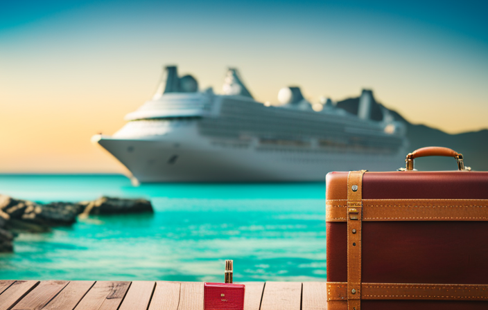 An image showcasing a vibrant cruise ship sailing through turquoise waters, with a travel suitcase beside it overflowing with souvenirs, tickets, and a passport