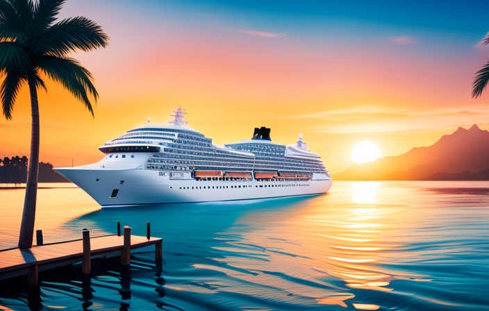 Create an image showcasing a serene ocean backdrop, adorned with a luxurious cruise ship gracefully sailing through turquoise waters