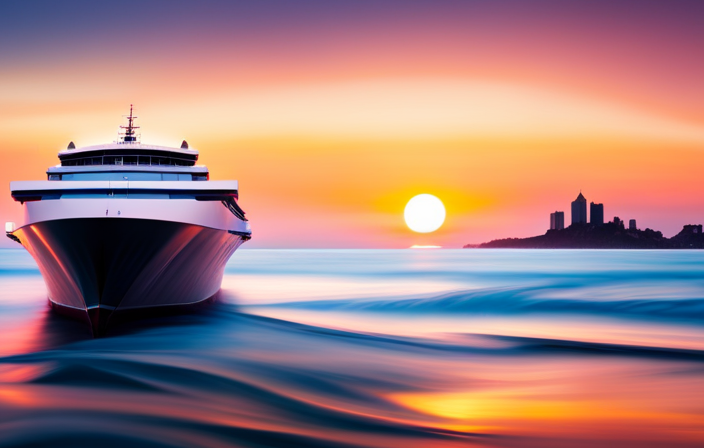 An image showcasing a breathtaking ocean view, with a luxurious cruise ship sailing amidst crystal-clear waters and a stunning sunset backdrop