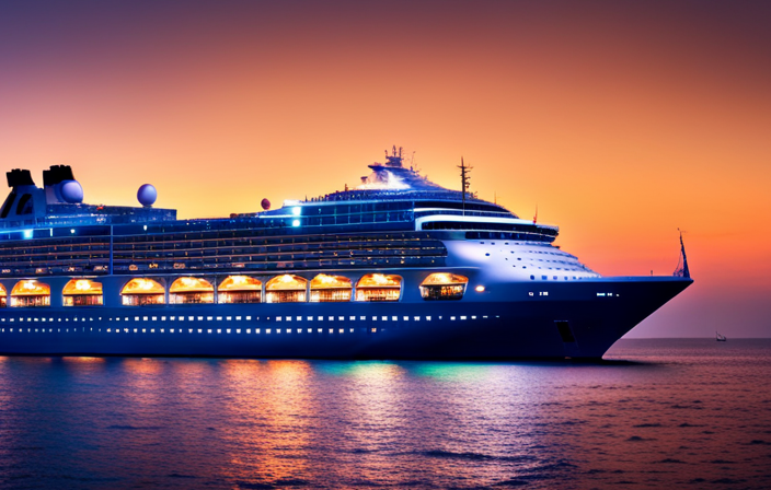 An image showcasing a luxurious cruise ship adorned with vibrant holiday lights, sailing through calm, moonlit waters