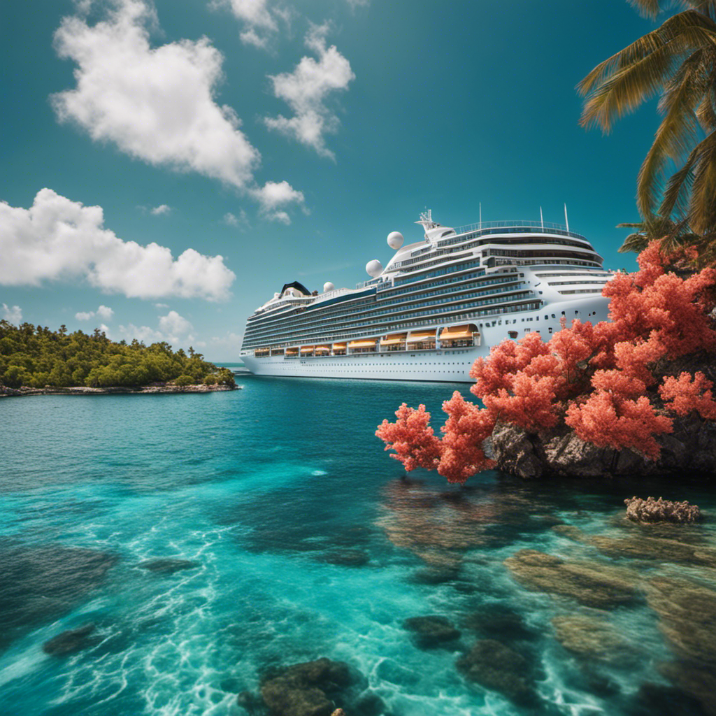 An image showcasing a luxurious cruise ship sailing through crystal-clear waters, surrounded by vibrant coral reefs