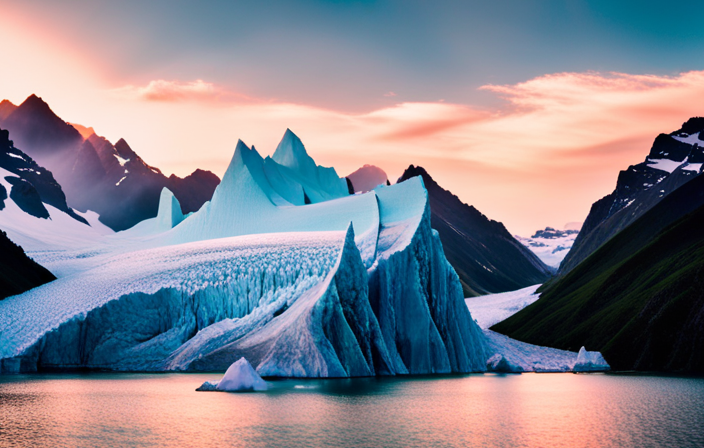 An image showcasing a majestic Alaskan glacier, effortlessly carving through rugged mountains, surrounded by a pristine turquoise sea