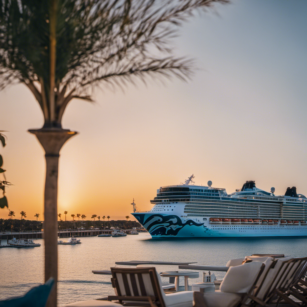 An image capturing the idyllic scene of a Norwegian cruise ship, with a panoramic view of blissful outdoor spaces adorned with cozy seating areas, elegant dining setups, thrilling water activities, and vibrant entertainment, all under a clear blue sky