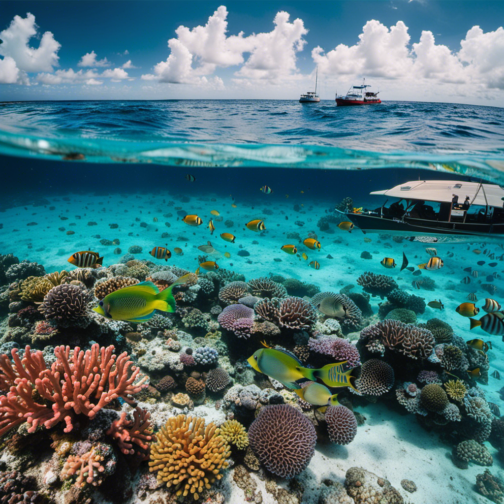 An image capturing the vibrant marine life of Bonaire's Marine Park, with snorkelers exploring crystal-clear waters teeming with colorful coral reefs, while in the background, a traditional fishing boat showcases the island's rich cultural heritage