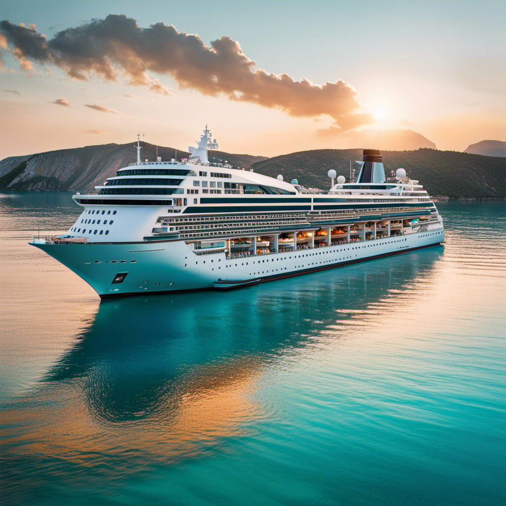 An image of a boutique cruise ship anchored in crystal-clear turquoise waters, surrounded by breathtaking mythical Greek islands