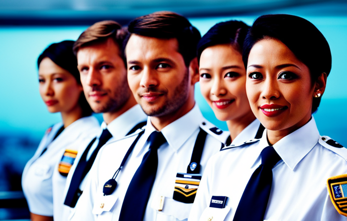 An image showcasing a diverse group of cruise ship staff, comprising men and women wearing professional uniforms with name badges, confidently engaging in various tasks aboard the ship, symbolizing the breaking of gender barriers in the cruise industry