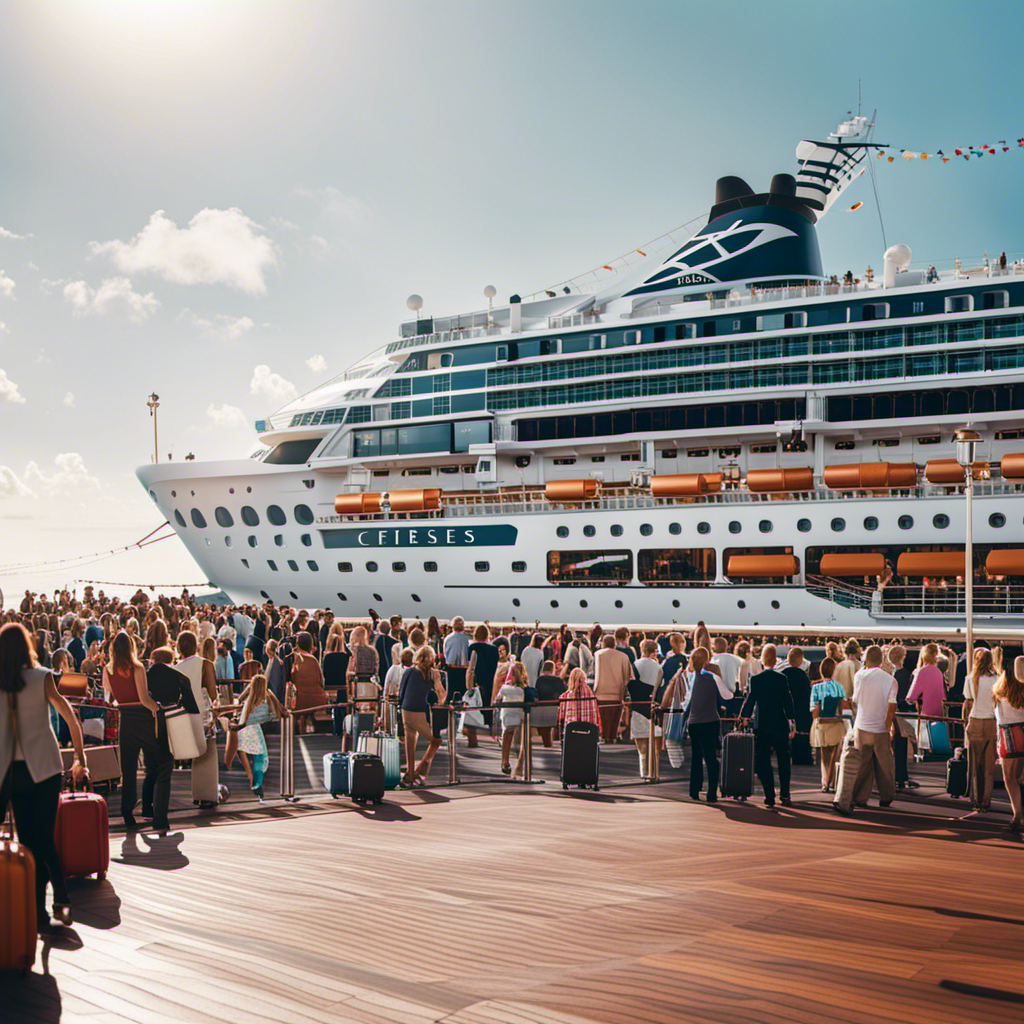 a vibrant, bustling cruise ship deck adorned with ecstatic passengers, eagerly lining up with suitcases in hand