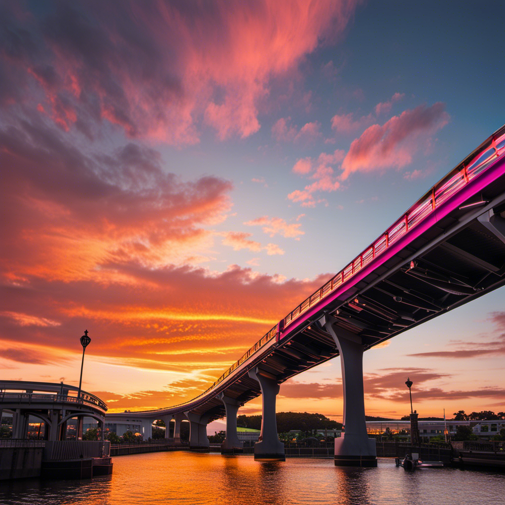 An image showcasing a vibrant sunset scene with a fully repaired, gleaming bridge as the focal point
