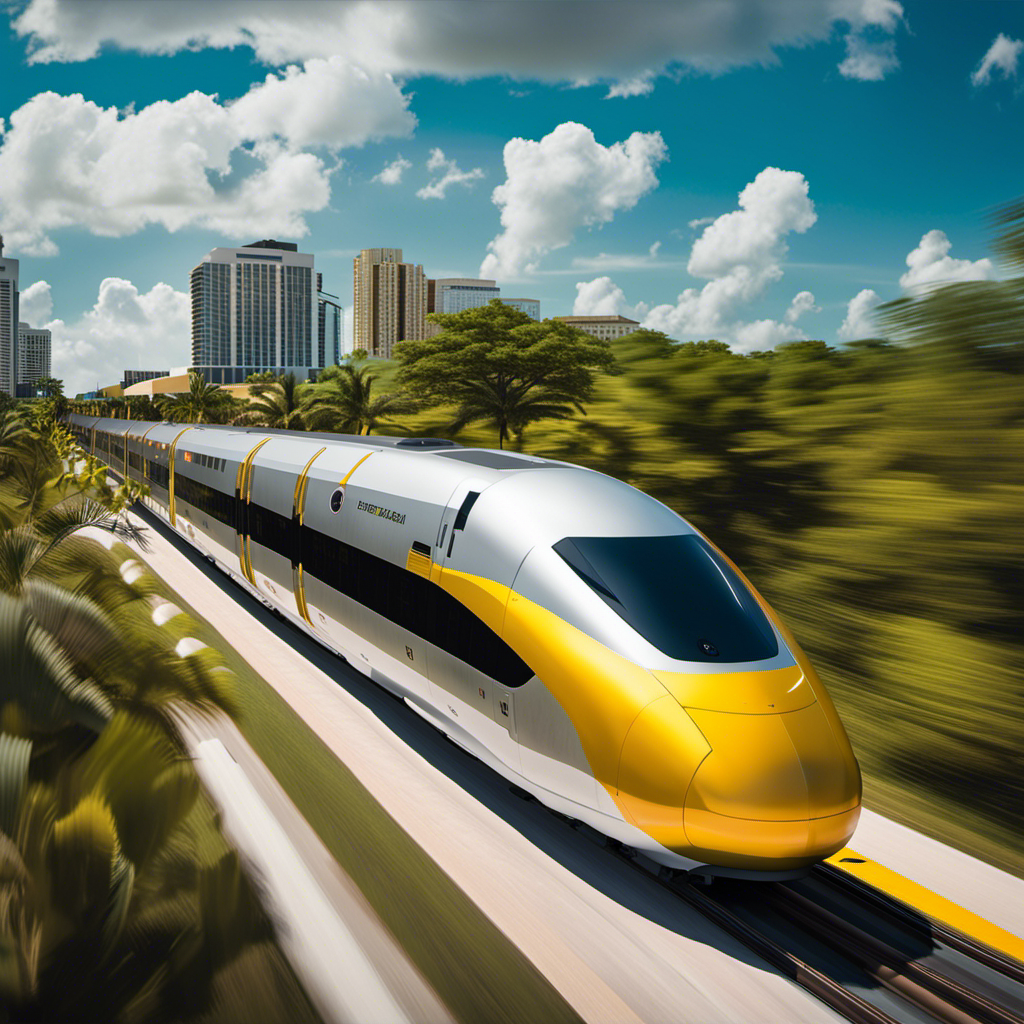 An image showcasing a sleek, futuristic Brightline train gliding effortlessly across a vibrant, sun-soaked landscape