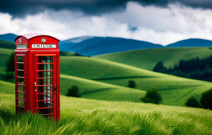 An image showcasing the essence of British culture and sophisticated style: a tableau of a traditional red telephone booth nestled amidst rolling green hills, adorned with a cascading Union Jack flag