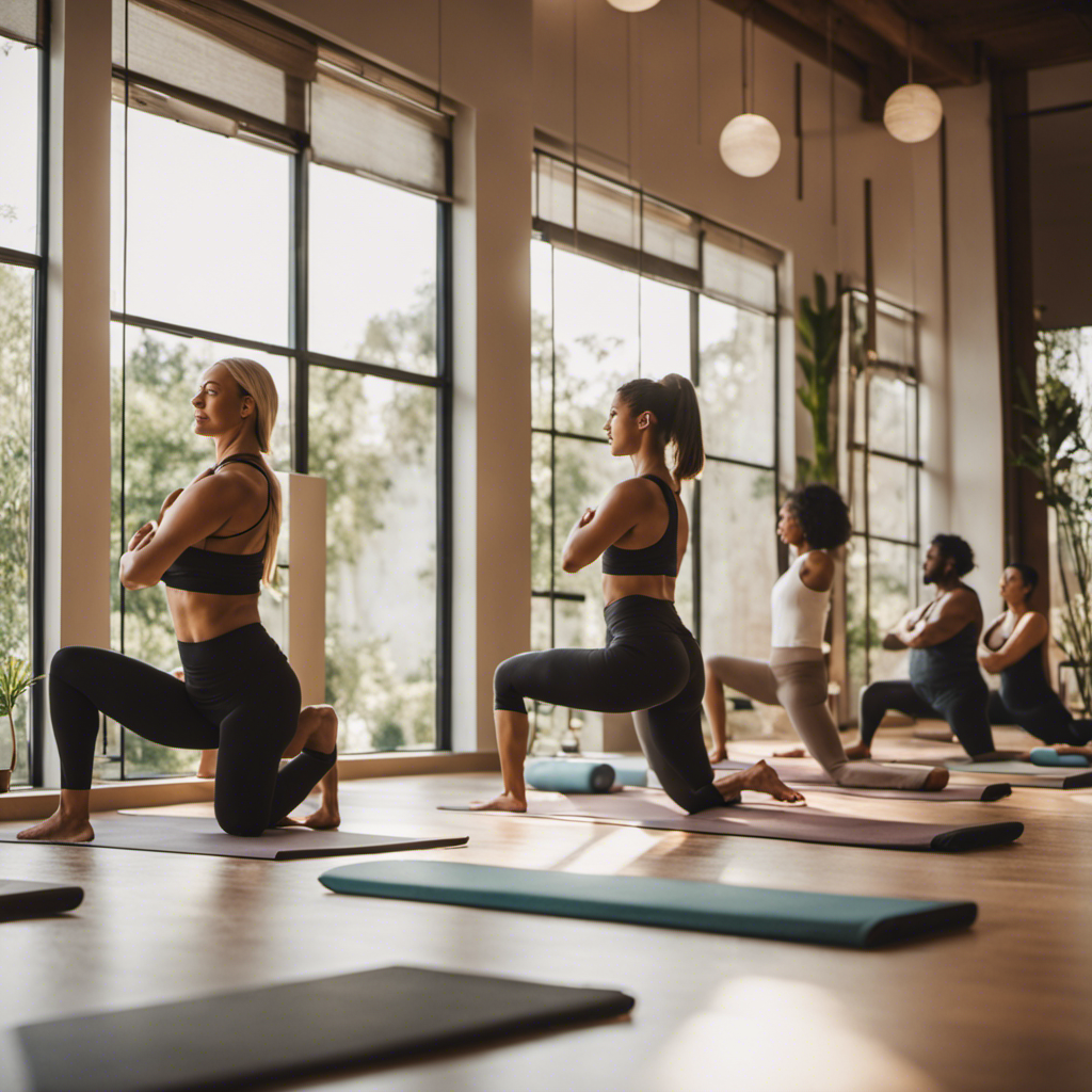 An image of a serene yoga studio, bathed in soft natural light, with a diverse group of individuals practicing yoga