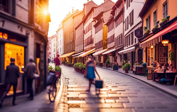 an image capturing the charm of budget travel in Europe: a bustling European street lined with colorful, quaint buildings, budget-friendly cafes with outdoor seating, locals and tourists exploring on foot, and vibrant market stalls selling inexpensive souvenirs and fresh produce