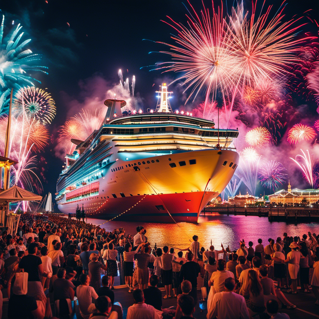 An image capturing a vibrant carnival celebration at sea: A colossal cruise ship adorned with dazzling lights and colorful banners, bustling with joyous passengers in elaborate costumes, dancing to lively music amidst a backdrop of fireworks illuminating the night sky