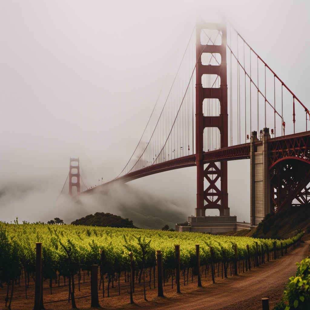 An image showcasing the iconic Golden Gate Bridge, enveloped in a mystical fog, with the rolling hills of Napa Valley's vineyards in the foreground, capturing the allure of San Francisco and Wine Country