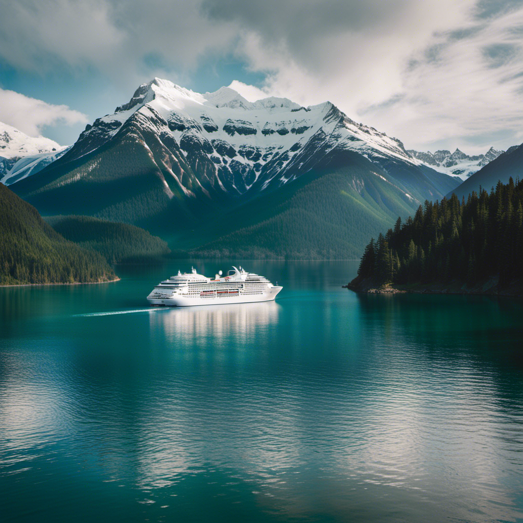 An image capturing the awe-inspiring sight of a majestic Canadian cruise ship gliding through the pristine turquoise waters of the Pacific Northwest, surrounded by towering snow-capped mountains and lush evergreen forests