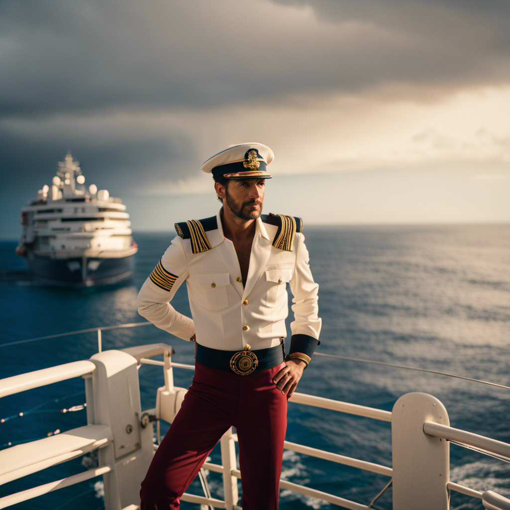 An image of Captain Diego Michelozzi standing tall on the deck of EXPLORA I, his confident gaze fixed on the boundless horizon as the ship sails towards uncharted territories