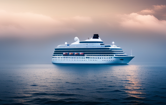 A captivating image of a grand cruise ship navigating through an eerie mist, surrounded by dark, mysterious waters