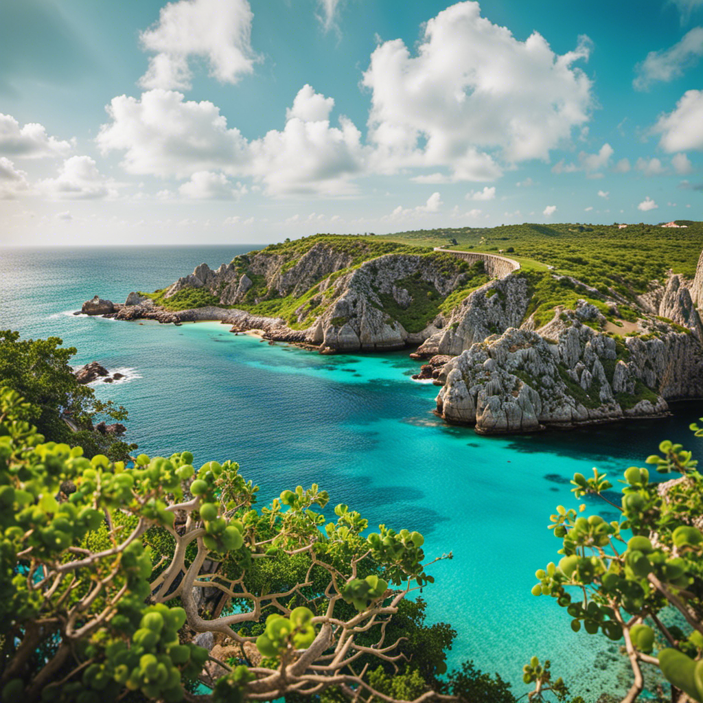 An image showcasing Curaçao's breathtaking coastline: a vibrant concoction of crystal-clear turquoise waters gently caressing pristine sandy beaches, framed by towering cliffs adorned with lush greenery, and kissed by a magnificent azure sky