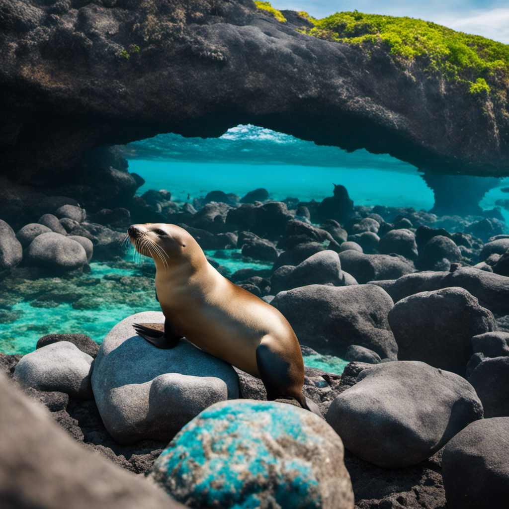the essence of Galapagos in an image: A majestic sea lion basks on a volcanic rock while vibrant blue-footed boobies dance in the background, against a backdrop of crystal-clear turquoise waters and lush greenery