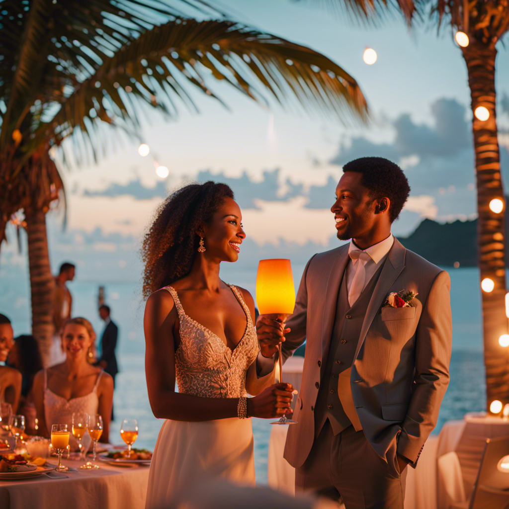 An image showcasing a vibrant Caribbean sunset backdrop