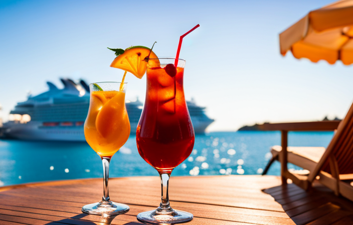 the essence of a Caribbean winter getaway on the Ruby Princess cruise ship with a vibrant image showcasing turquoise waters, palm-fringed sandy beaches, and a luxurious deck adorned with sun loungers and colorful cocktails