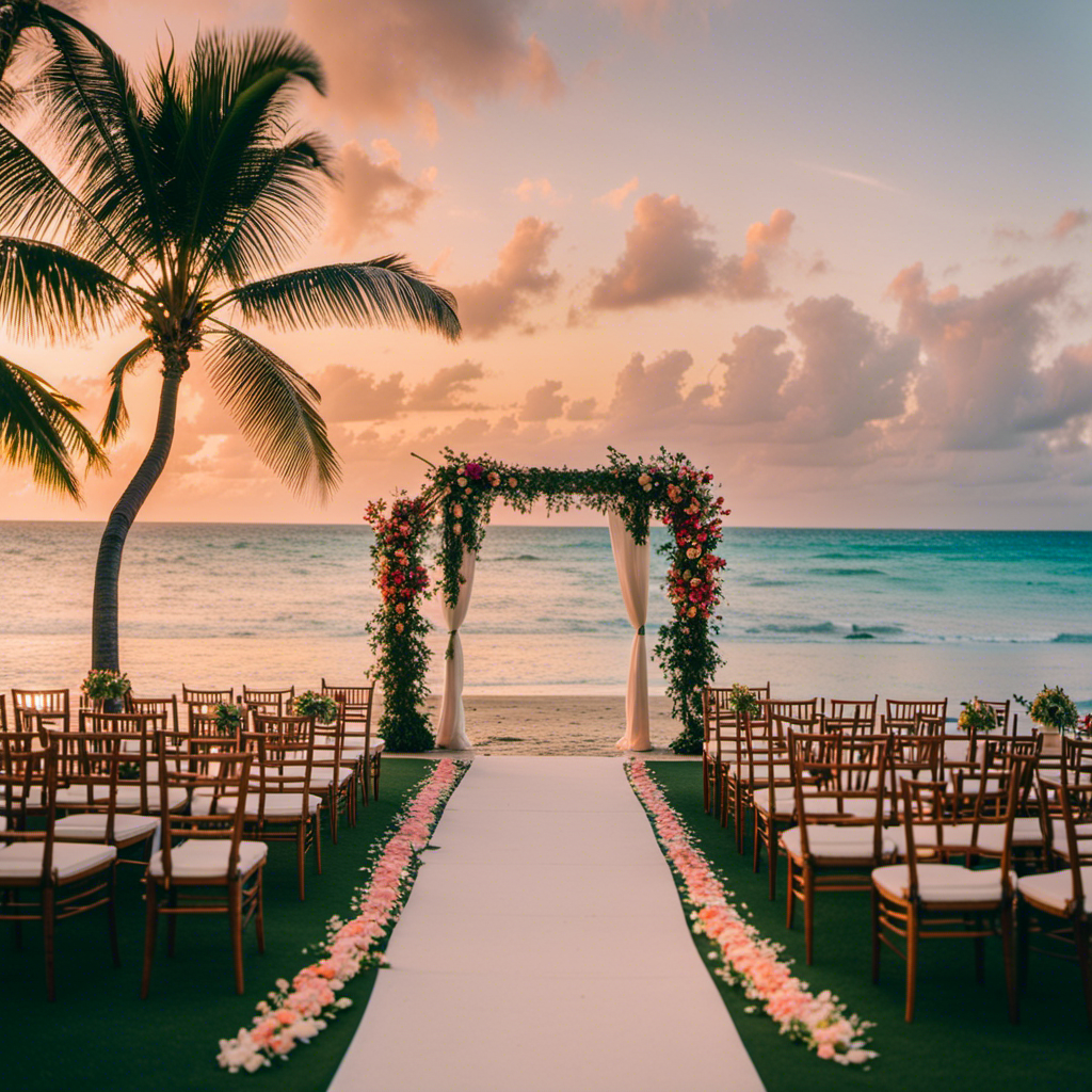 An image showcasing a dreamy Caribbean beach wedding venue adorned with vibrant tropical flowers, swaying palm trees, and a picturesque sunset backdrop