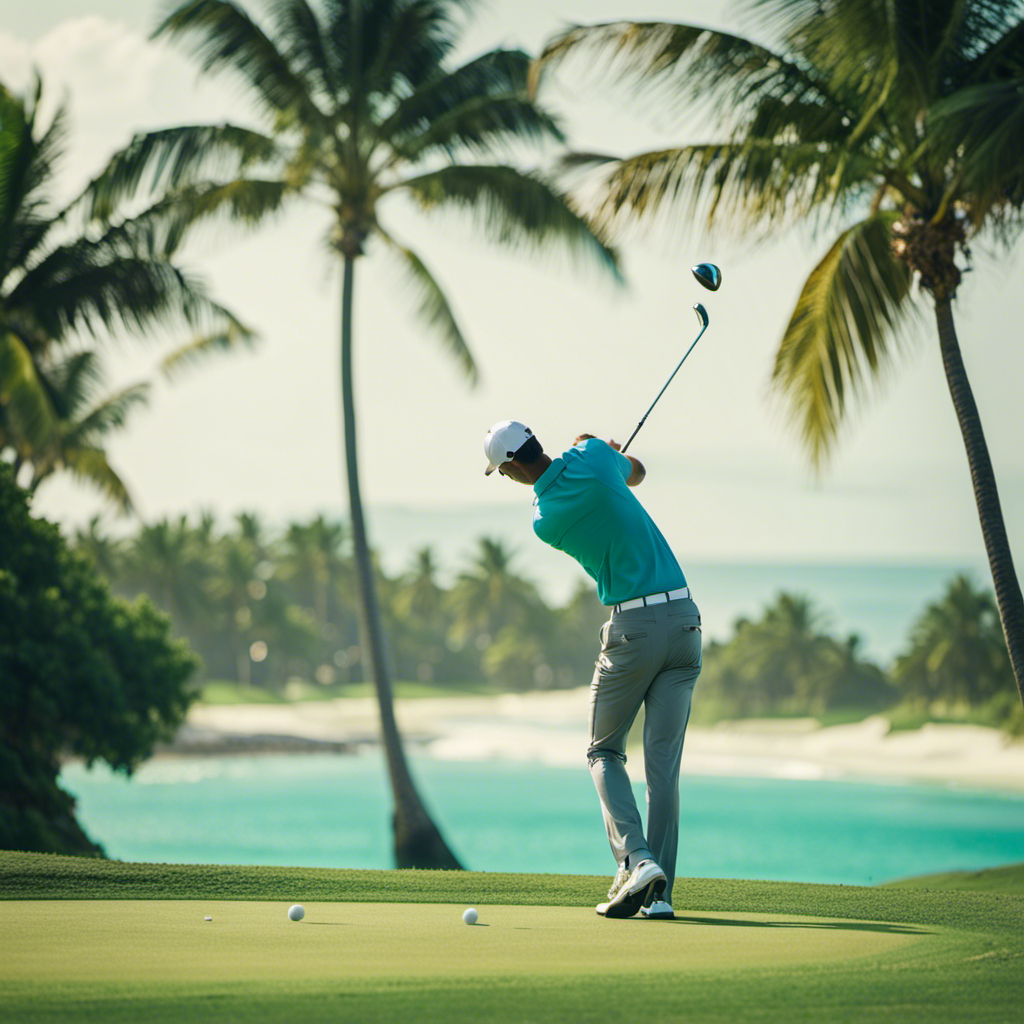 An image capturing a golfer teeing off against a backdrop of crystal-clear turquoise waters, palm-fringed white sandy beaches, and lush green fairways on a Caribbean island