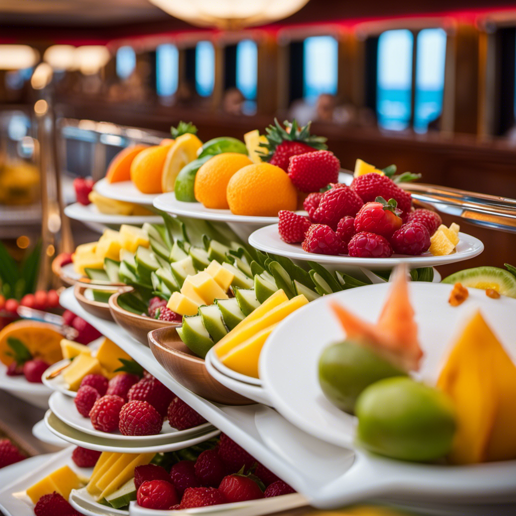 An image showcasing the Caribbean Princess' remarkable dining innovations: a stunning buffet of vibrant tropical fruits, exquisite seafood delicacies, colorful cocktails, and elegant dining spaces with panoramic ocean views