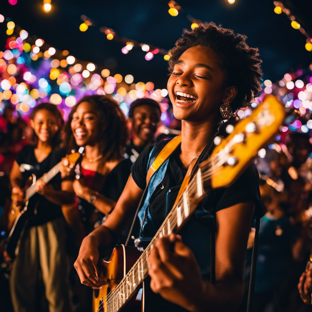 An image capturing the vibrant energy of a carnival: amid a kaleidoscope of swirling lights and joyful laughter, a diverse group of at-risk teens confidently perform on stage, strumming their guitars and embracing the transformative power of music