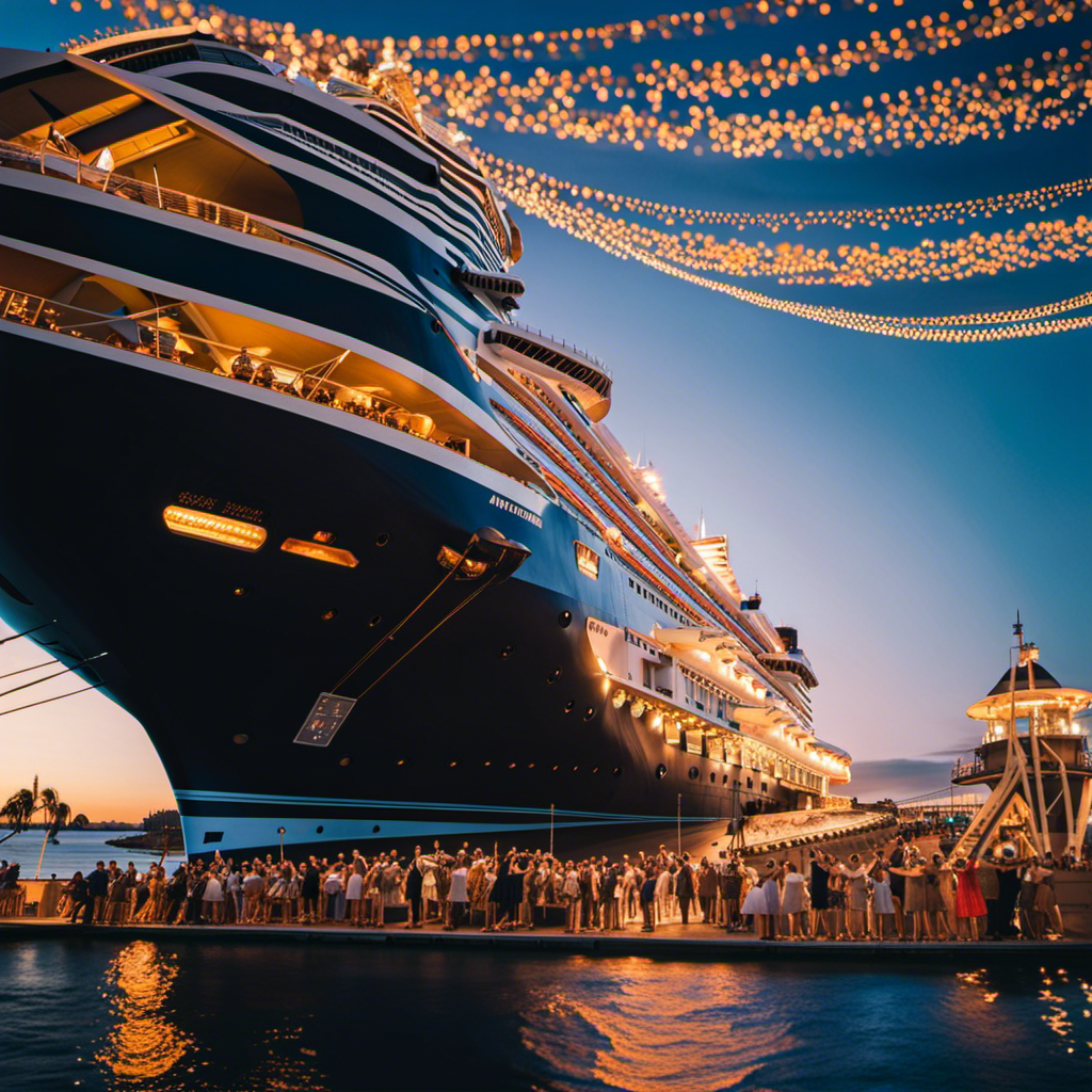 An image showcasing a majestic Holland America Line cruise ship adorned with elegant upgrades, surrounded by vibrant carnival festivities