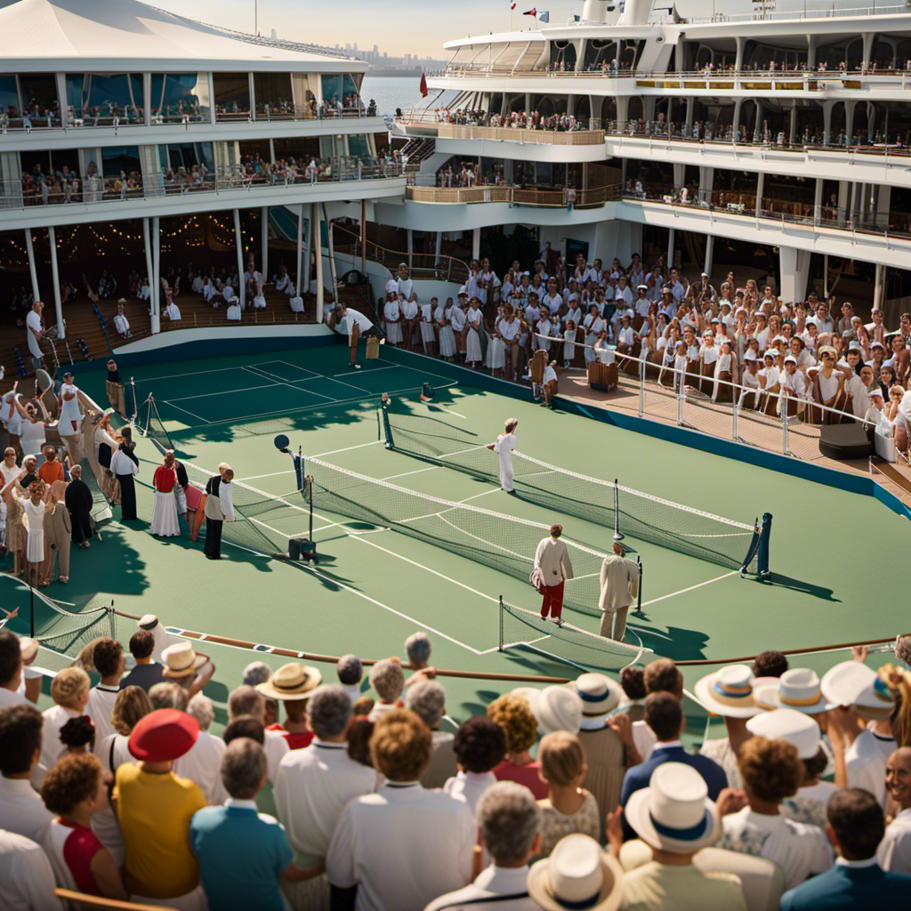 An image showing a bustling carnival scene aboard a luxurious Oceania cruise ship, with a tennis court on the deck