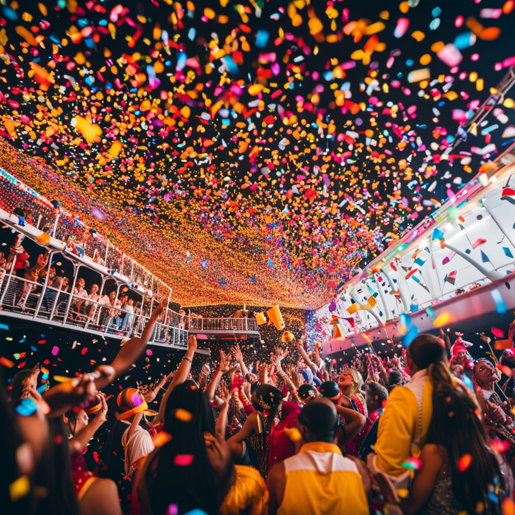 An image depicting a vibrant Carnival Celebration onboard a ship, showcasing a kaleidoscope of colorful confetti raining down on ecstatic passengers, immersed in a sea of dazzling costumes, lively music, and contagious laughter