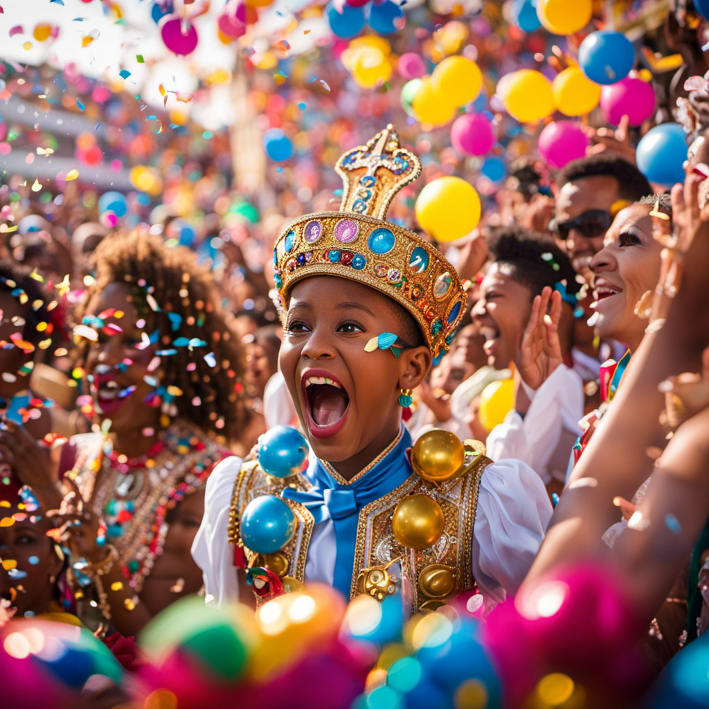 An image capturing the vibrant essence of a Carnival Christening Ceremony: a brightly adorned ship gliding through a sea of confetti, as exuberant dancers in flamboyant costumes sway to rhythmic music amidst a jubilant crowd