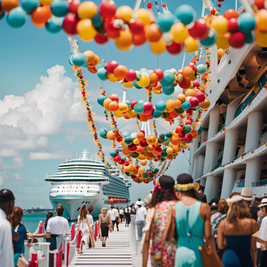 An image capturing the vibrant energy of a massive cruise ship, adorned with colorful decorations, docked at Miami port, ready to embark on its inaugural voyage, while passengers eagerly anticipate the adventure ahead