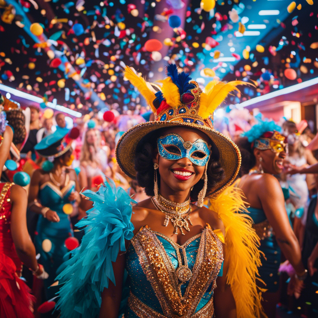 An image showcasing the vibrant Carnival Celebration atmosphere aboard a cruise ship, with colorful confetti raining down on enthusiastic revelers dancing to lively music, adorned in extravagant costumes and masks