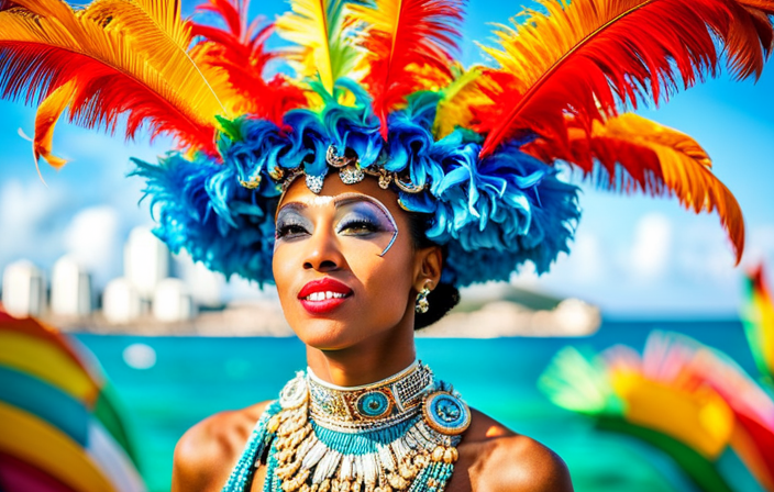 the vibrant energy of Carnival Celebration's maiden voyage to a Caribbean port: a kaleidoscope of colorful costumes, feathered headdresses, and sparkling sequins, animated by pulsating rhythms, amidst a backdrop of palm trees and turquoise waters