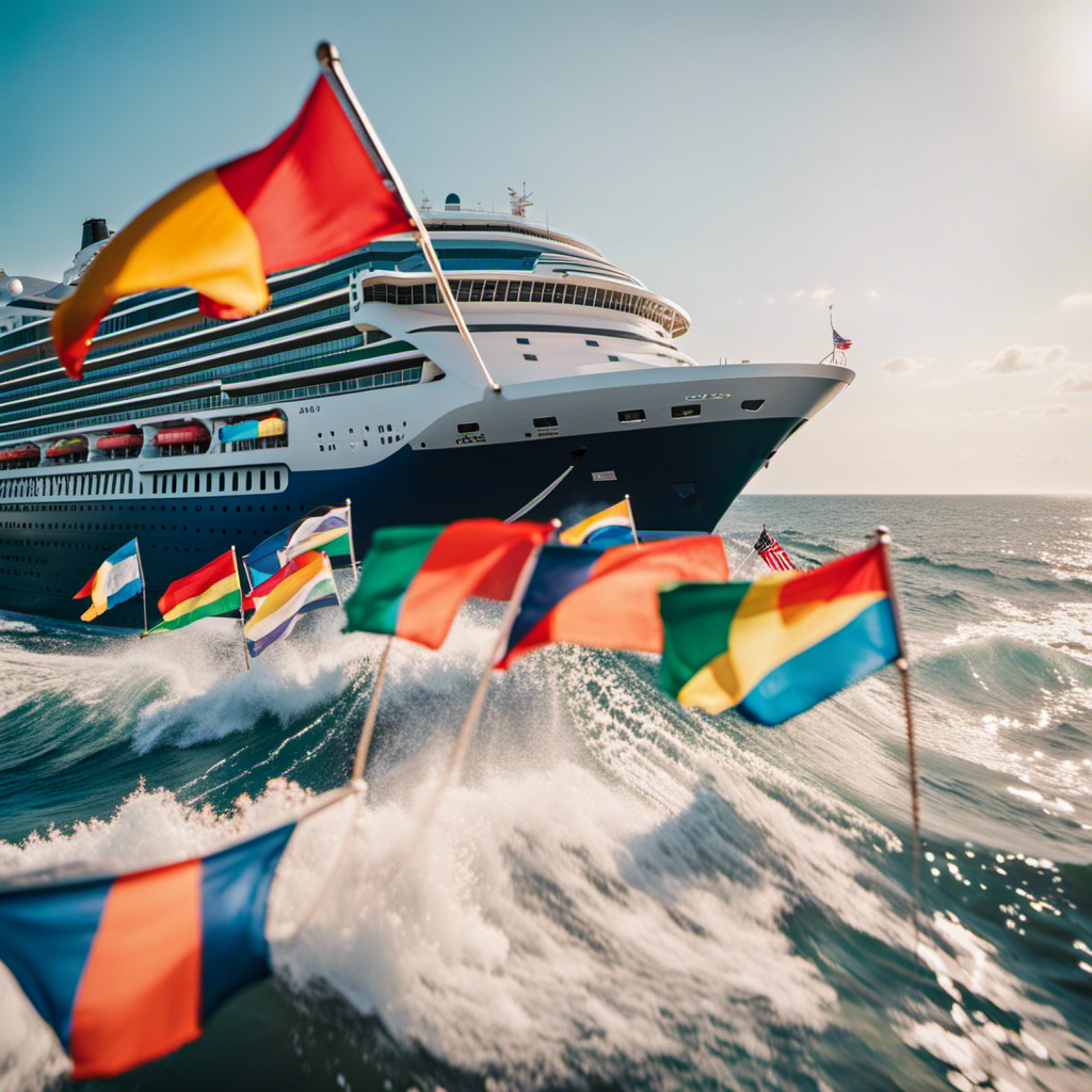 An image featuring a vibrant cruise ship sailing confidently through choppy waves, adorned with colorful flags and surrounded by enthusiastic vacationers, exuding an atmosphere of joy and optimism despite the looming challenges of the Delta variant