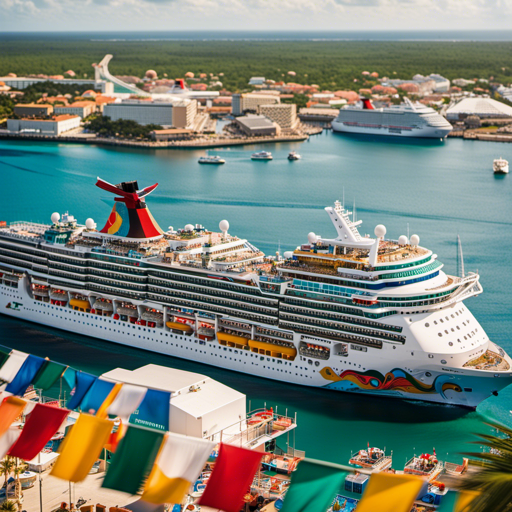 An image showcasing a bustling Cozumel port brimming with vibrant cruise ships, their towering decks adorned with colorful flags