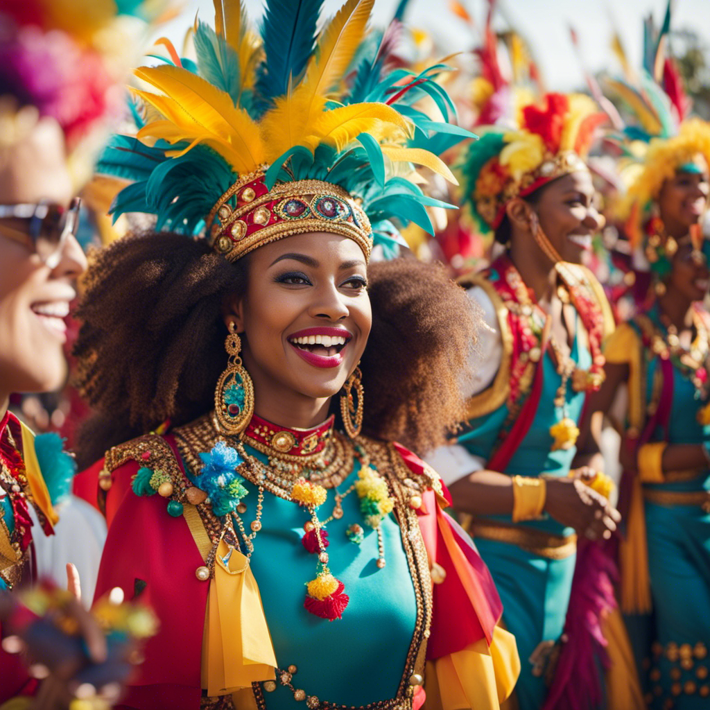 An image showcasing a vibrant carnival scene, with a diverse group of employees from different countries wearing colorful costumes and engaging in joyful activities, symbolizing Forbes' recognition of Carnival Corporation as a two-time Best Global Employer
