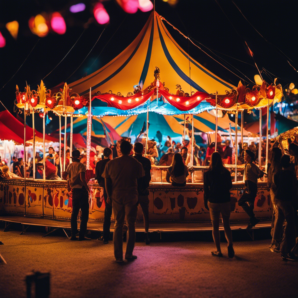 An image showcasing a vibrant carnival tent at night, with colorful lights illuminating the surroundings