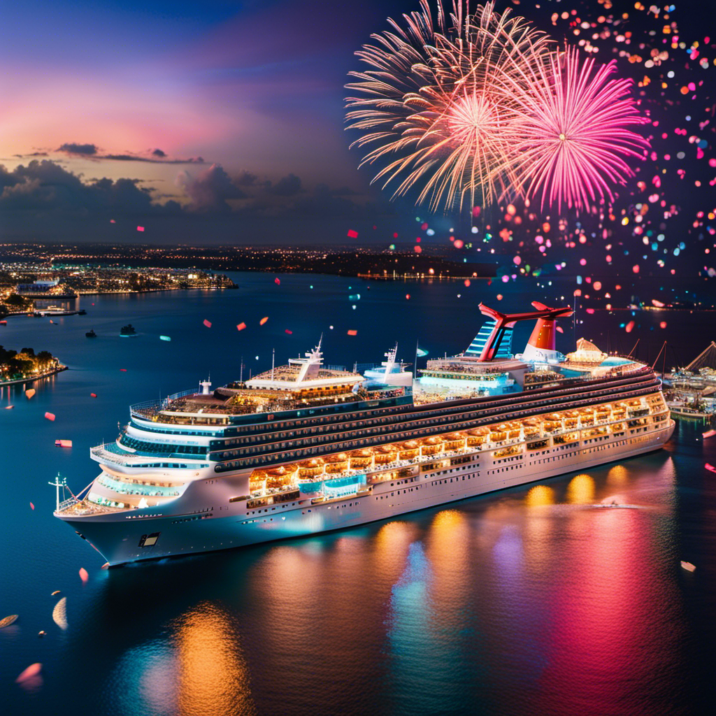 An image capturing the essence of Carnival Corporation's industry recovery: A grand cruise ship, adorned with vibrant banners and confetti, sails through crystal-clear turquoise waters, while a colorful fireworks display illuminates the night sky above