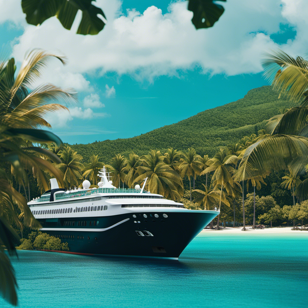 An image that showcases a vibrant cruise ship sailing through crystal-clear turquoise waters, surrounded by lush tropical islands