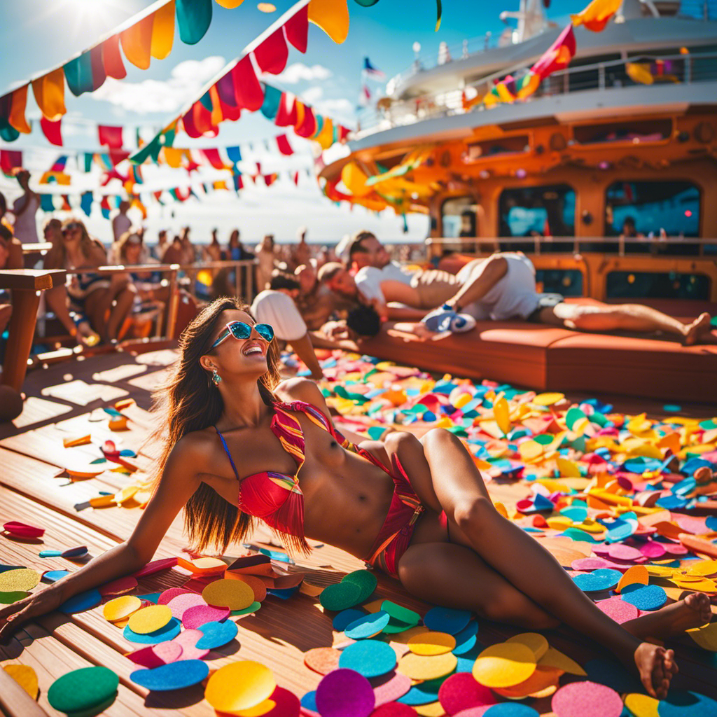 An image capturing the essence of a Carnival cruise experience: a vibrant deck bustling with exhilarated passengers, colorful confetti swirling in the air, weary but content faces, and a solitary sun lounger, symbolizing the elusive moments of relaxation amidst the lively chaos
