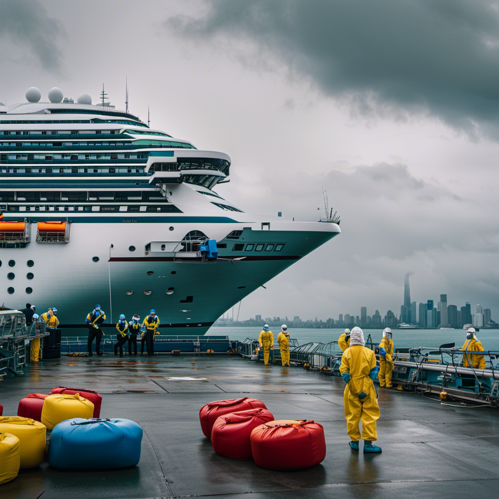 Design an image showcasing a deserted Carnival cruise ship docked under a gloomy sky, surrounded by medical personnel in hazmat suits, highlighting the contrast between the once vibrant atmosphere and the current scrutiny over their Covid handling