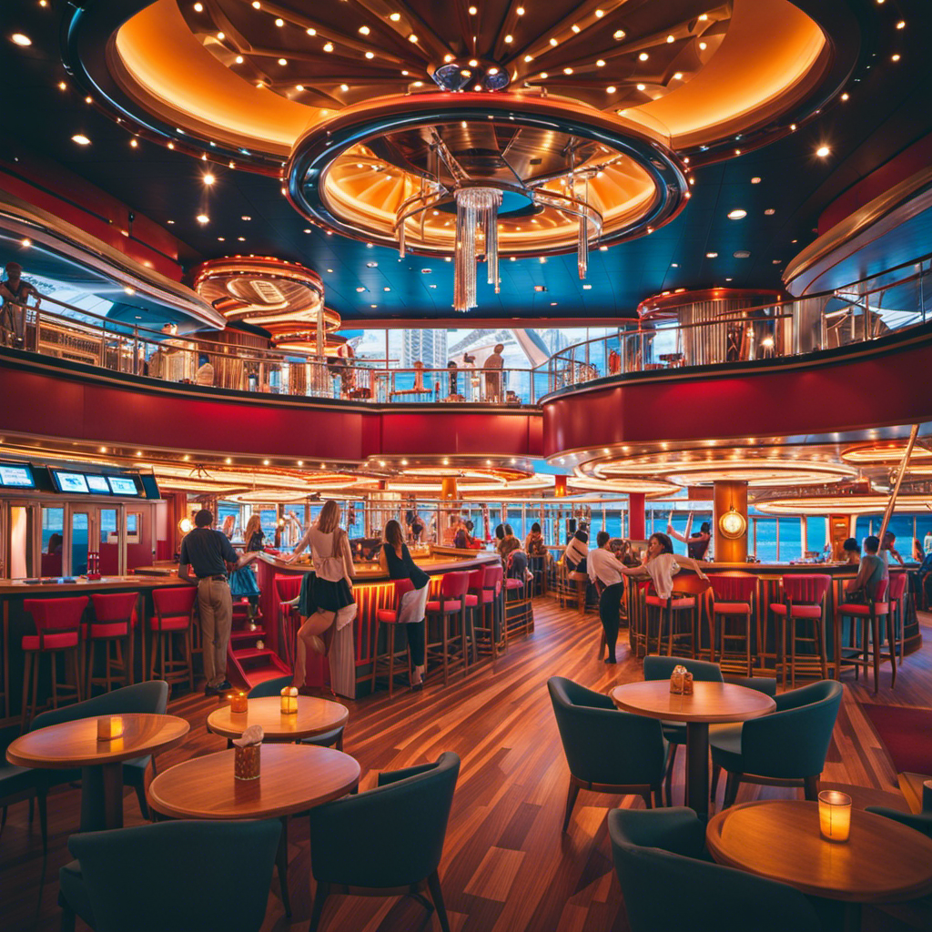 An image that captures the vibrant atmosphere of a Carnival Cruise, with joyful passengers engaging in thrilling activities, the ship's layout showcasing multiple decks, specialty restaurants like Guys Burger Joint, and an array of enticing onboard amenities