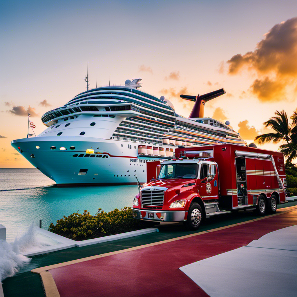 An image showcasing a vibrant carnival cruise ship docked at the picturesque Turks & Caicos Islands, while a gleaming fire truck donated by Carnival Cruise Line stands proudly nearby, symbolizing their generous contribution to the community
