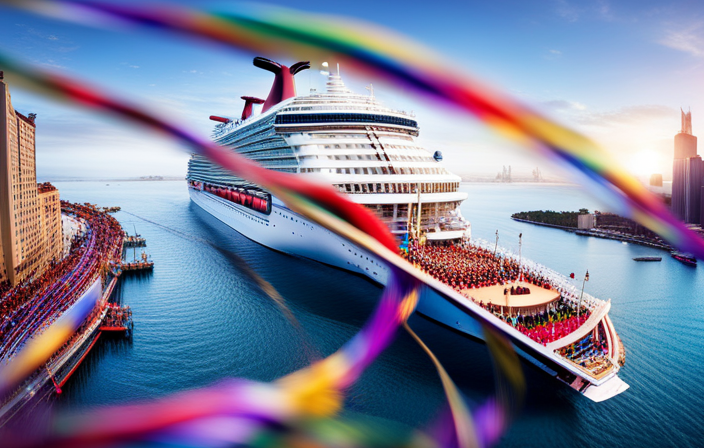 An image capturing the vibrant excitement of Carnival Cruise Line's christening ceremony for the iconic Mardi Gras ship